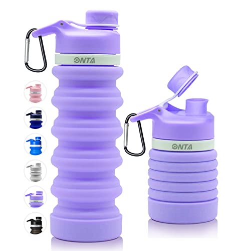 ONTA Collapsible Water Bottle- BPA Free Silicone Foldable Water Bottle for Travel,Silicone Portable Leak-Proof Travel Water Bottle 20oz, purple