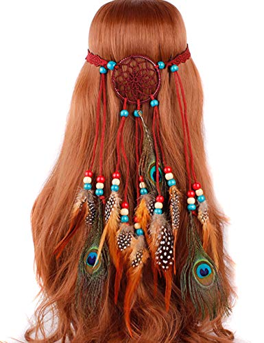 umsif Bohemian Hairband for Women Girls Sunflower Festival Headdress Indian Peacock Feather Feather Headband Tassel Hemp Rope