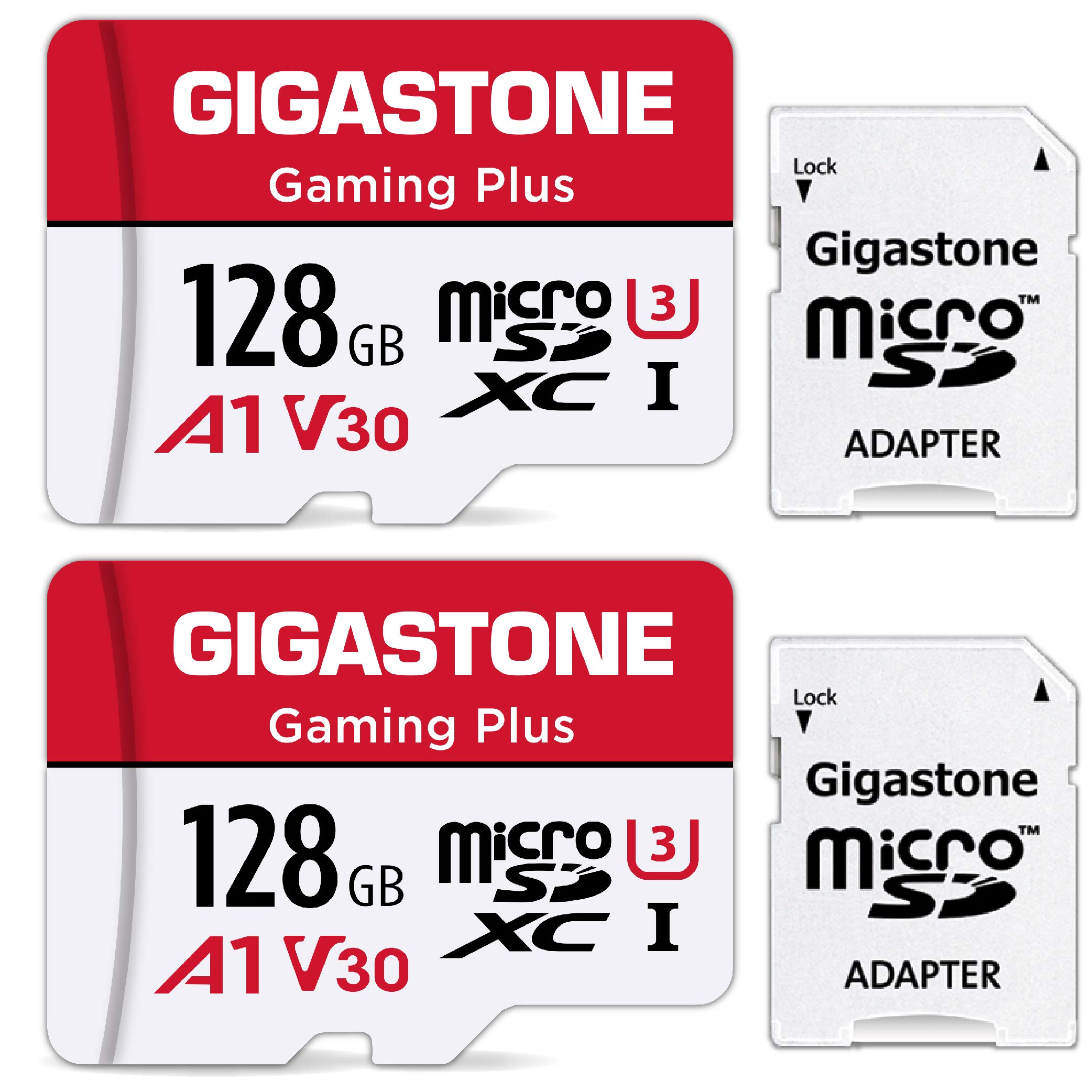 Gigastone 128GB 2-Pack Micro SD Card, Gaming Plus, Nintendo-Switch Compatible, R/W 100/50MB/s, 4K Video Recording, Micro SDXC UHS-I A1 U3 Class 10, with Adapter 128GB Gaming Plus