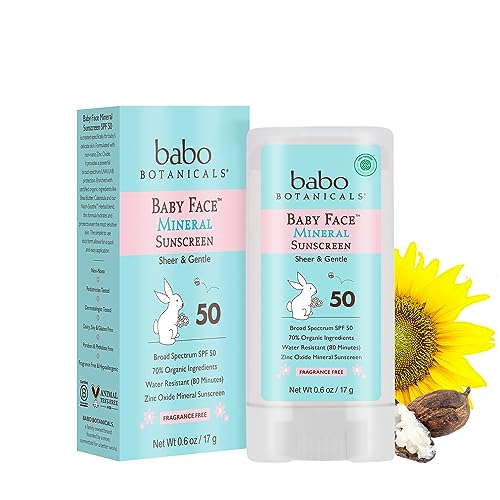 Babo Botanicals Baby Face Mineral Sunscreen Stick SPF 50 with 70+% Organic Ingredients, 100% Zinc Active, Water- Resistant, Reef-Friendly, Fragrance-Free, Unscented 0.6 Ounce