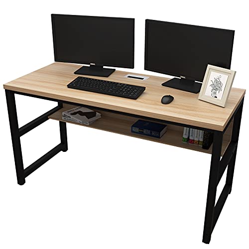 TOPSKY Computer Desk with Bookshelf/Metal Hole Cable Cover 1.18" Thick Desk (55", Natural)