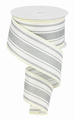 Farmhouse Stripe on Canvas Wired Edge Ribbon - 2.5" x 10 Yards (Ivory, Cool Grey)