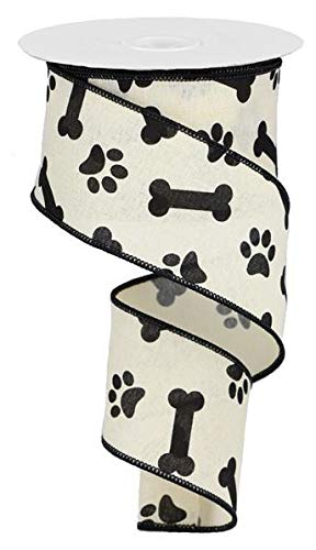Paw Print & Dog Bone Wired Edge Ribbon, 10 Yards (Cream, Black, 2.5 Inch)