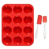 Silicone Muffin Pan Reusable Top ,12-Cup cake molds Nonstick Baking Muffins Molds, Cupcake Pans for Bakeware Breads Desserts (Red/Silicone scraper free)