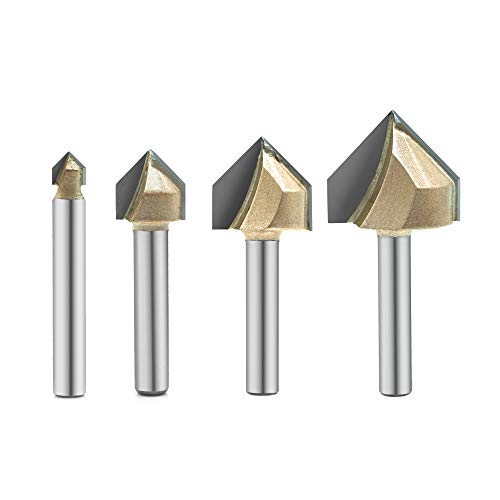 Book Cover 4PCS 90-Degree V Groove Router Bit, Gazeto Titanium Coated Carbide-Tipped 2-Flute CNC Engraving Bit Woodworking Chamfer Bevel Cutter, 1/4-Inch Shank