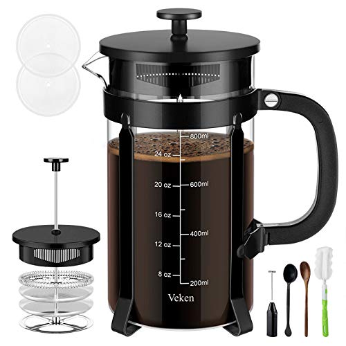 Veken French Press Coffee (8 cups, 34 oz) with 4 Filter Screens Durable 304 Stainless Steel Heat Resistant Borosilicate Glass Tea Maker with Milk Frother, Black