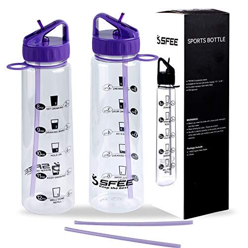 Book Cover Sfee 30oz Water Bottle with Time Marker, Motivational Sports Straw BPA Free Water Bottles Tracker - Reusable, Tritan Plastic, No Leak, Non-Toxic for Outdoors Hiking Cycling Fitness + 2 Straws(Purple)