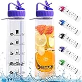 Sfee 30oz Water Bottle with Time Marker, Motivational Sports Straw BPA Free Water Bottles Tracker - Reusable, Tritan Plastic, No Leak, Non-Toxic for Outdoors Hiking Cycling Fitness + 2 Straws(Purple)