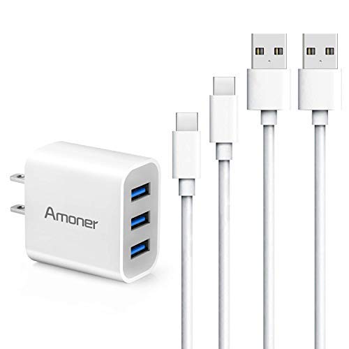 Amoner Wall Charger, USB Type C Cable 3ft/6ft 15W 3-Port Compact Wall Charger with USB C Cord for Samsung Galaxy S10/S9/S9+/S8/S8+, Note 9/8, Google Pixel 3 2 XL, LG V30/V20, More