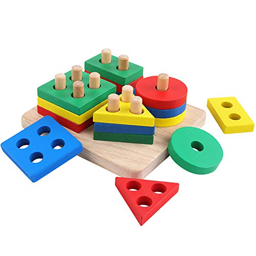 GEMEM Wooden Educational Shape Color Recognition Geometric Board Puzzle Blocks Toddler Stack Sort Toys Baby Children Non-Toxic Toy for 1 2 3 Year Old Boys Girls