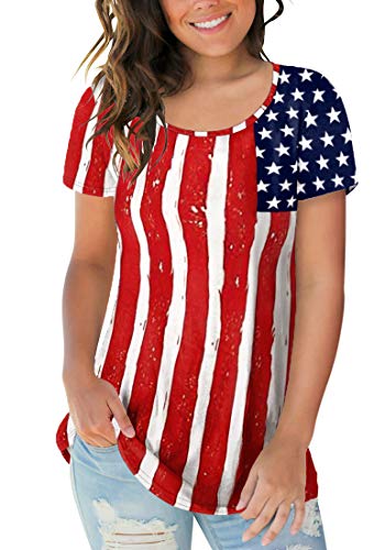 Sousuoty American Flag Shirt Women Short Sleeve Tops Scoop Neck Casual