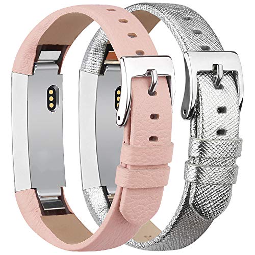 Tobfit Leather Bands Compatible with Fitbit Alta/Alta HR Bands, Genuine Leather Replacement Wristbands, (Silver+Pink, 5.5''-8.1'')