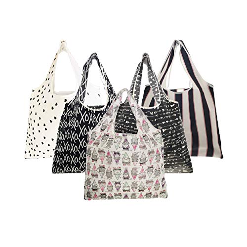 Our Kitchen Company Reusable Grocery Bags - Set of 5 XL Shopping Bags with Pouch - Eco Friendly Tote Bag - Cute and Trendy - Foldable Washable and Lightweight - Heavy Duty
