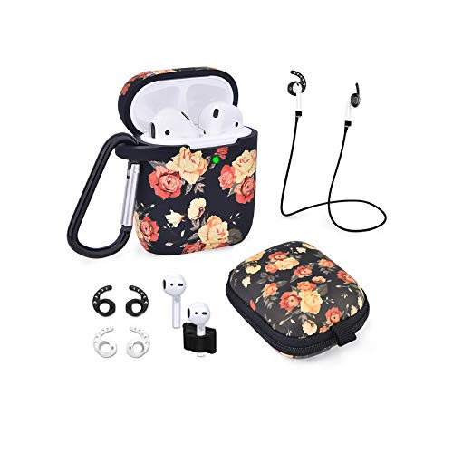 Airpods Case - Airspo 7 in 1 Airpods Accessories Set Compatible with Airpods 1 & 2 Protective Silicone Cover Floral Print Cute Case (Black Rose)