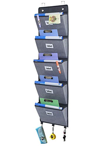 Onlyeasy Over Door Hanging File Organizer - Office Supplies Storage Holder Wall Mount Pocket Chart for Magazine Notebooks Planners File Folders, 13.8" x 50.4", 5 Pockets Grey, MXDZ05C