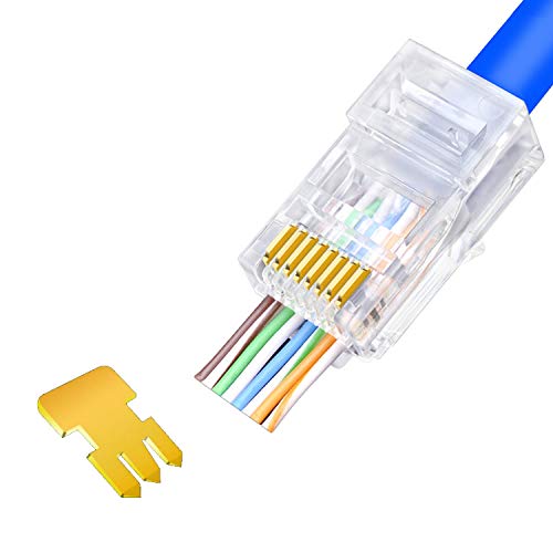 JODROAD Cat5 Cat5E Pass Through Connectors, UTP RJ45 Connectors, Gold Plated 3 Prong 8P8C Ethernet Ends for Solid Wire and Standard Cable (CAT5 CAT5E/50pcs)