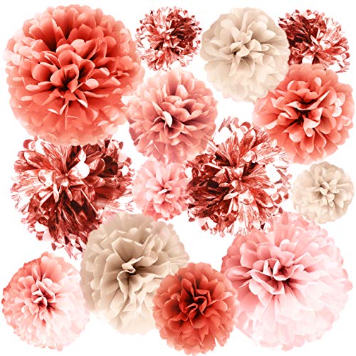 20 PCS Rose Gold Party Decorations - Metallic Foil and Tissue Paper Pom Poms - Birthday Party Decoration - Baby Shower - Bridal Shower - Bachelorette - Garden Party - 14", 10", 8", 6"