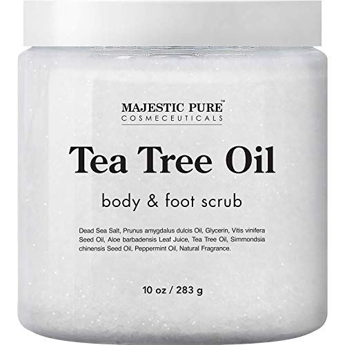 MAJESTIC PURE Tea Tree Body and Foot Scrub - Strong Shield against Fungus - Best Exfoliating Cleanser for Skin - Natural Help Against Acne and Callus - Promotes Healthy Foot - 10 oz