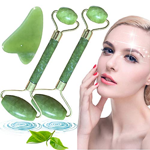 3 Pack - 3 in 1 Jade Rolling Kit - 2x Natural Jade Roller with Gua Sha Scraping Tool Anti Aging and Lymph Drainage for Face, Eye, Neck, Body For Lymphatic Massage, Wrinkles, Puffiness, and Fine Line