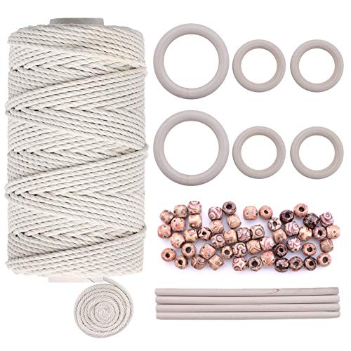 Quacoww 109 Yards Natural Macrame Cord 3mm with 6pcs Wood Ring and 4pcs Wooden Stick for DIY Plant Hangers, Crafts, Knitting