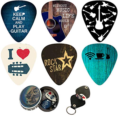 Cool Guitar Picks 12 Pack W/Tin Box & Picks Holder. Celluloid Medium Cool Picks Perfect Gift For Guitar & Lover. For Acoustic Electric and Base Guitars