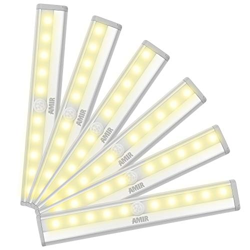 AMIR Motion Sensing Closet Lights, 6 Pack DIY Stick-on Anywhere Portable 10-LED Wireless Cabinet Night/Stairs/Step Light Bar with Magnetic Strip (Warm White, Battery Operated)