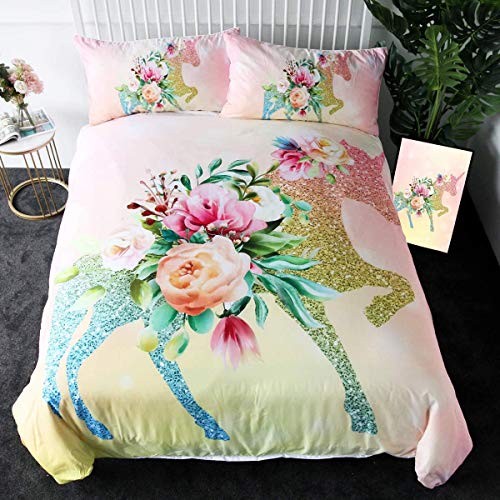 Book Cover Sleepwish Kids Unicorn Bedding Unicorn Twin Comforter Cover Sets for Girls 3 Pieces Watercolor Pink Rose Duvet Cover Set 3D Pastel Glitter Unicorn Bed Set (Green)