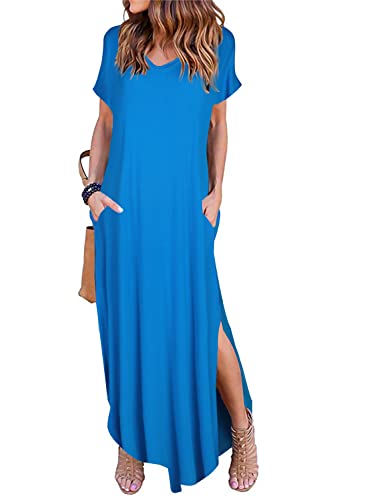 Arolina Women's Summer Maxi Dress Short Sleeve V Neck Casual Loose Long Beach Split Dresses with Pockets