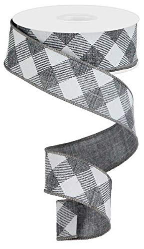 Diagonal Plaid Check Wired Edge Ribbon - 10 Yards (Grey, White, 1.5")