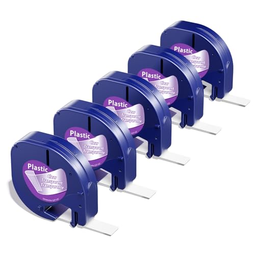 5-Pack Compatible with DYMO Transparent LetraTag Label Maker Refills 16952 Clear Plastic Tape for Letra Tag LT-100H LT-100T QX50, 1/2'' x 13', Label KINGDOM Transparent Plastic Tape