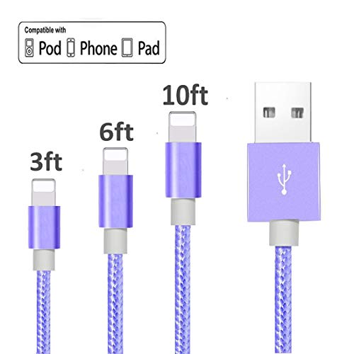 Phone Charger Cable 3Pack 3ft 6ft 10ft Nylon Braided Charger Cable Compatible Phone xs max xs xr 8 7 Plus 7 6s Pad Purple