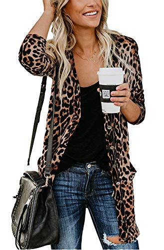 Women's Leopard Printed Cardigans Shirt Lightweight Button Down Cardigans Coat W Pockets(S-2XL)