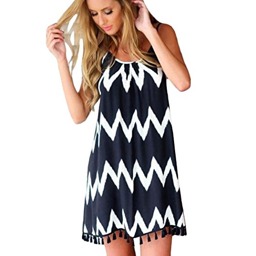 Bifast Women Casual Geometric Printed Beach Tassel Spaghetti Strap Short Dress Dresses