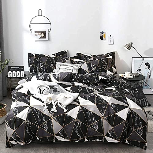karever Men Marble Duvet Cover Set Cotton Bedding Sets Abstract Black Marble Design with Black White Triangle Comforter Cover Set Queen