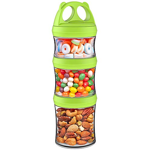 Book Cover SELEWARE Portable and Stackable 3-Piece Twist Lock Panda Storage Jars Snack Container to Contain Formula, Snacks, Nuts, Drinks and More, BPA and Phthalate Free (Green, 28oz)