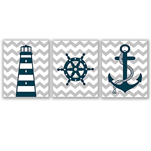 Book Cover Blue Nautical Art Print Set Of 3 (8â€X10â€) Lighthouse Steering Wheel Anchor Navigation Print For Baby Boy, Nautical Themed Canvas Wall Art, No Frame