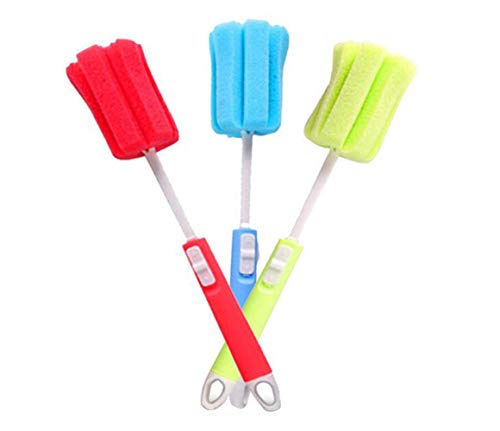 VASANA 3PCS Sponge Cleaning Brush - Adjustable Plastic Long Handle Cup Feeding Bottle Scrubber Cleaning Brushes Cleaning Sponges for Coffee Glasses Pot Milk Cup Winebottle Baby Bottles Color Random