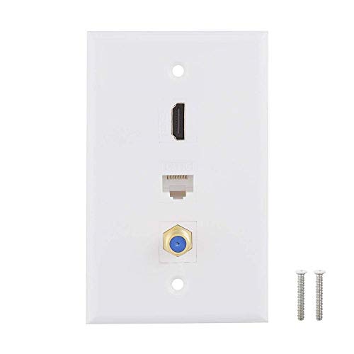 HDMI Coax Ethernet Wall Plate, 1 Port HDMI Keystone Female to Female, 1 Port Coax Keystone Female to Female, 1 Port CAT6 Keystone Female to Female Wall Plate - White