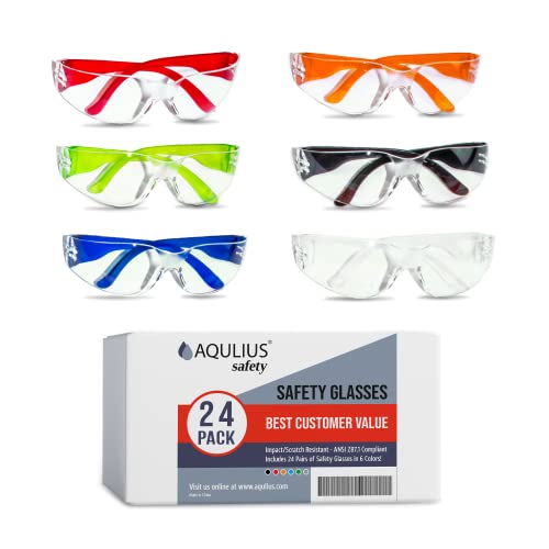 Aqulius 24 Pack of Safety Glasses (6 Colors - Protective Goggles) Anti Fog Clear Glasses. Nurses, Construction, Labs, Shooting Glasses Men Women
