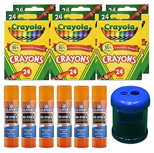 Crayola Crayons, 24 Count, 6 Pack | Elmer's Re-Stick School Glue Sticks, 6 Count | Crayon and Pencil Sharpener