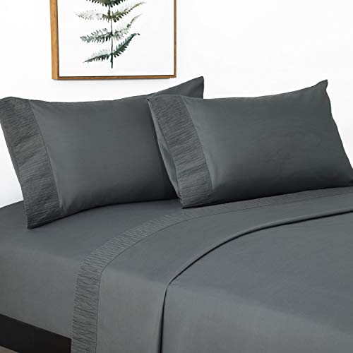Book Cover Bedsure Queen Size Sheets- Ruffled Embossed Bed Sheet Set - Soft Brushed Microfiber, Wrinkle Resistant Sheet - 14 inches Deep Pocket - 4-Pieces (Dark Grey)