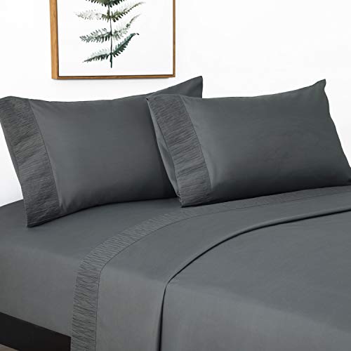 Bedsure Queen Size Sheets- Ruffled Embossed Bed Sheet Set - Soft Brushed Microfiber, Wrinkle Resistant Sheet - 14 inches Deep Pocket - 4-Pieces (Dark Grey)