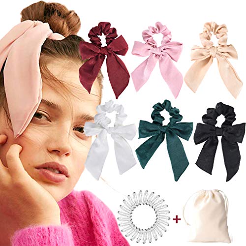 6Pcs Hair Scrunchies Bow silk Elastics Hair Bands Scrunchy Hair Rope Ties Ponytail Holder Accessories