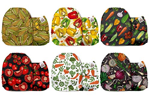 Mama Koala One Size Baby Washable Reusable Pocket Cloth Diapers, 6 Pack Nappies with 6 One Size Microfiber Inserts (Very Veggie)