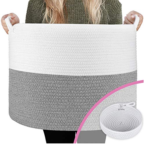 Blanket Baskets/Toy Baskets - Designer 22" Blanket Storage Basket + Bonus Basket for Toys, Blanket Basket Living Room Extra Large Baskets for Blankets,Â Toy Storage Basket - XXL Grey and White