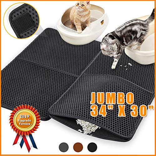 Cat Litter Catcher Mat Jumbo Size 34" x 30", Extra Large Double Layer Cat Litter Trapper, Waterproof Cat Litter Trapping Mat with Honey Comb Design & PU Leather Edge for Cat Litter Box, Can be Spliced