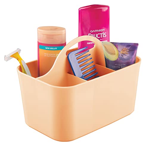 mDesign Small Plastic Shower/Bath Storage Organizer Caddy Tote with Handle for Dorm, Shelf, Cabinet - Hold Soap, Shampoo, Conditioner, Combs, Brushes, Lumiere Collection, Light Peach
