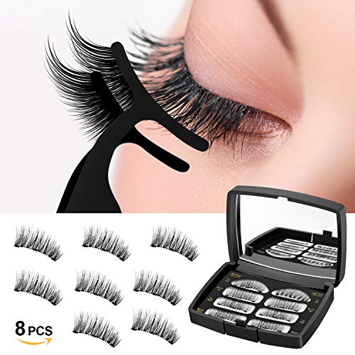 Magnetic Eyelashes 3 Magnets Fiber Fake Eyelashes, 3D Reusable Eyelashes Extensions, No Glue False Eyelashes with Tweezers 2 Pairs/8Pcs (Black)
