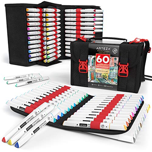 ARTEZA Alcohol Markers, Set of 60 Colors, EverBlend Dual Tip Markers for Artists in 72-Slot Art Case, Fine and Broad Chisel Nib, Art Supplies for Adults and Teens, for Sketching and Drawing