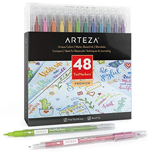 Arteza Dual Brush Pens, Set of 48 Colors, Sketch Markers with Fine & Brush Tips, Twimarkers for Coloring, Calligraphy, Sketching, Doodling, Art Supplies for Drawing, Journaling, Hand Lettering